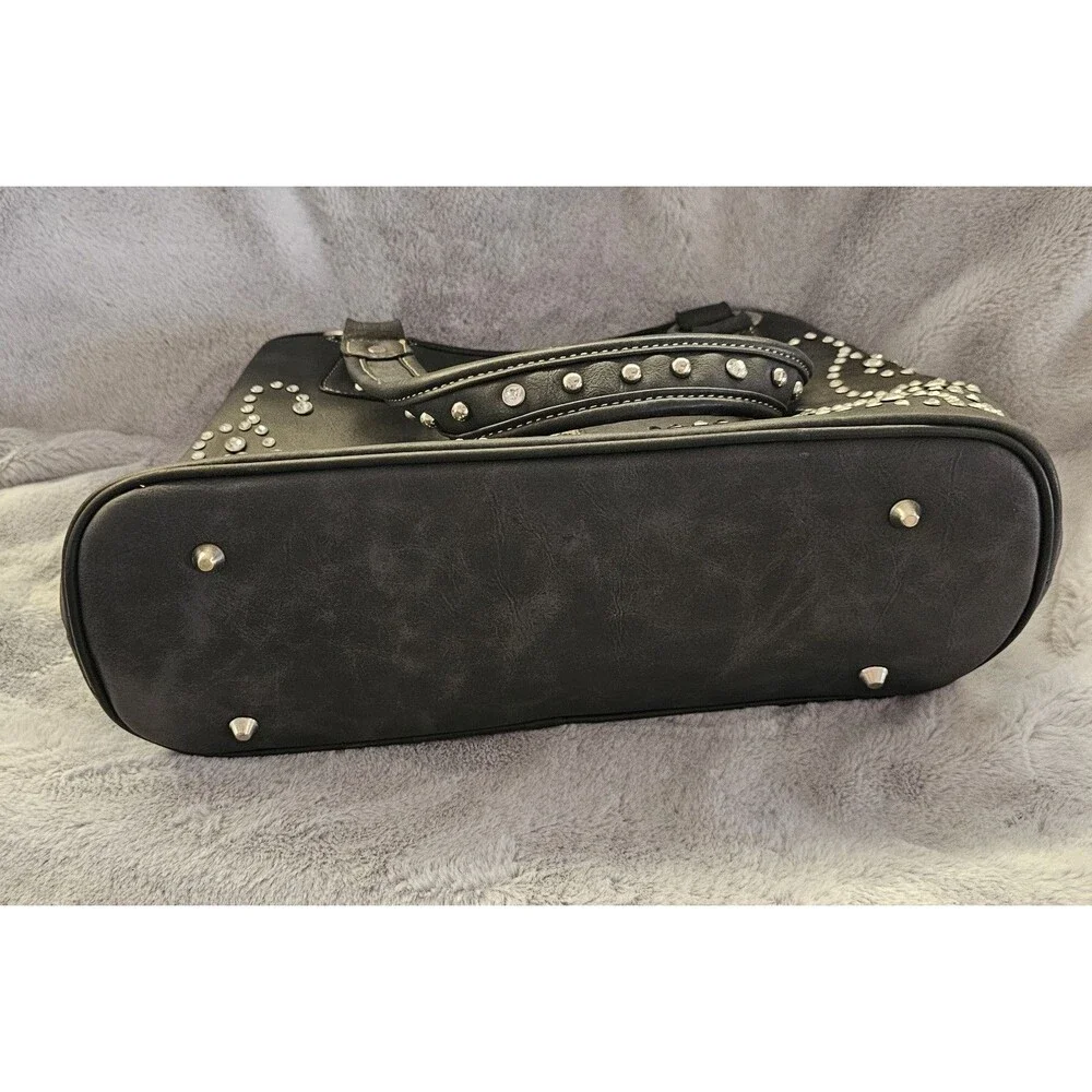 Vtg Country Road Black Leather Purse Rhinestones With A Cross